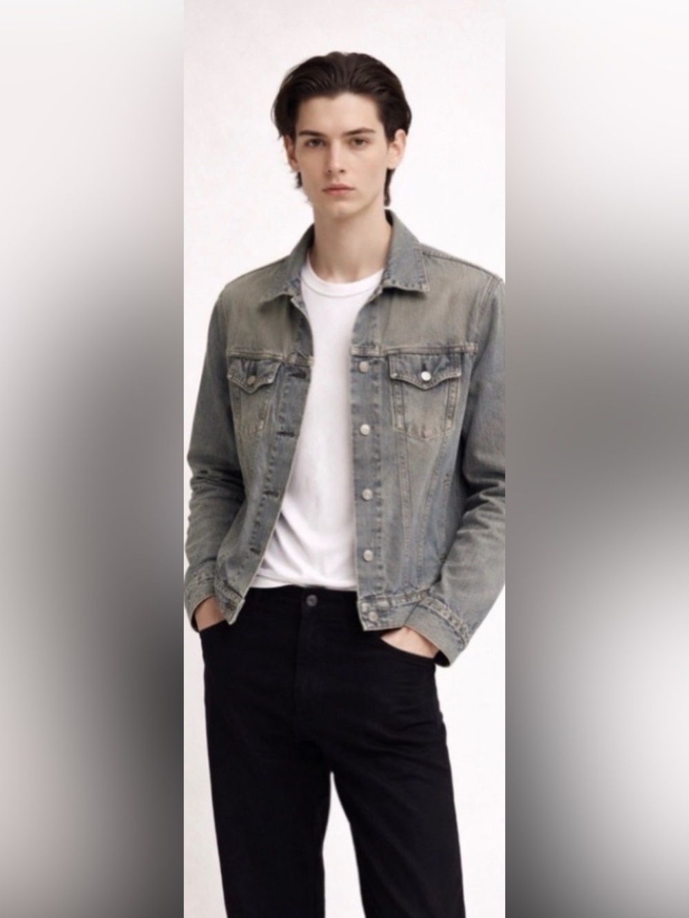 Helmut Lang 1990s Vintage Stained Denim Trucker Jacket Gray Blue Medium Perfect